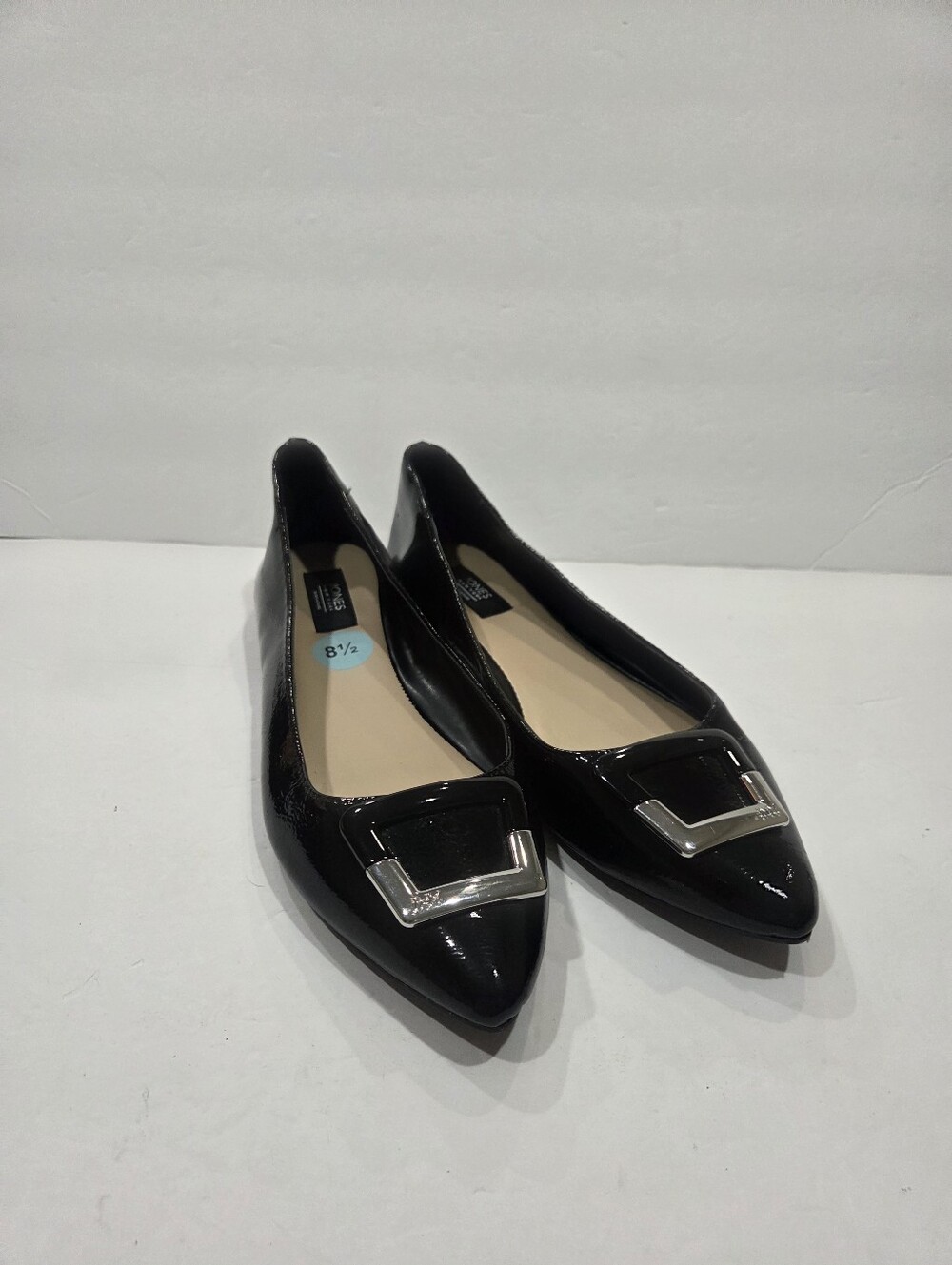 NWOT Jones New York Black Pointed Patent Flats with Silver Buckle Sz.8.5